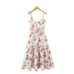 Flower Print Bra Chest Corset Style Ruffles Hem Midi Dress