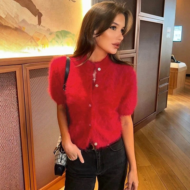 Red mock neck puff sleeve fuzzy knit top