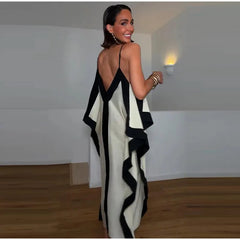 Satin Flowy Contrast Trim V Neck Maxi Dress