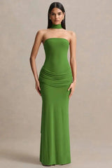 Strapless Choker Neck Gathered Waist Maxi Dress
