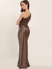 Satin One Shoulder Ruched Maxi Dress