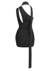 Black Cutout Ruched Neck Mounted Mini Dress
