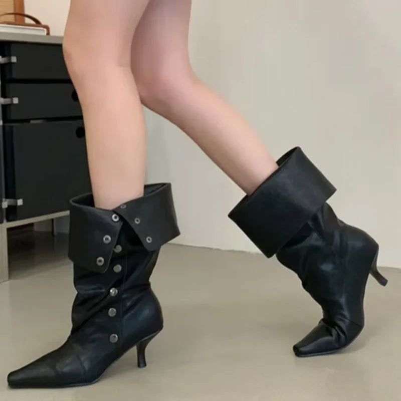 Pointed toe button detail ankle boots