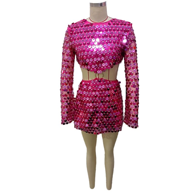 Sequined Long Sleeve O Neck Backless Hallow Out Mini Dress