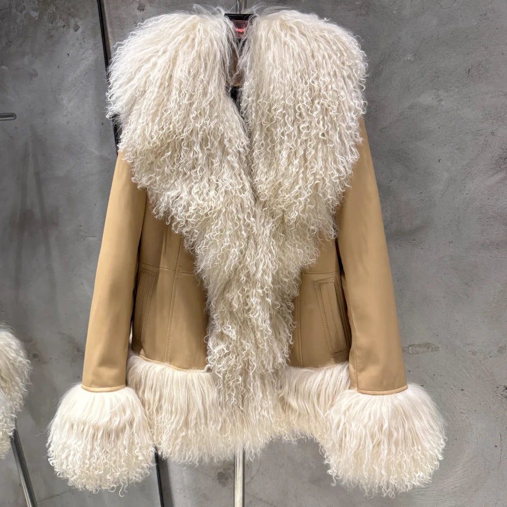 Beige leather jacket with white fur trim against a gray background