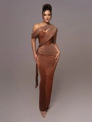 One Shoulder Draped Glitter Brown Corset Open Back Maxi Dress- Golden Atelier