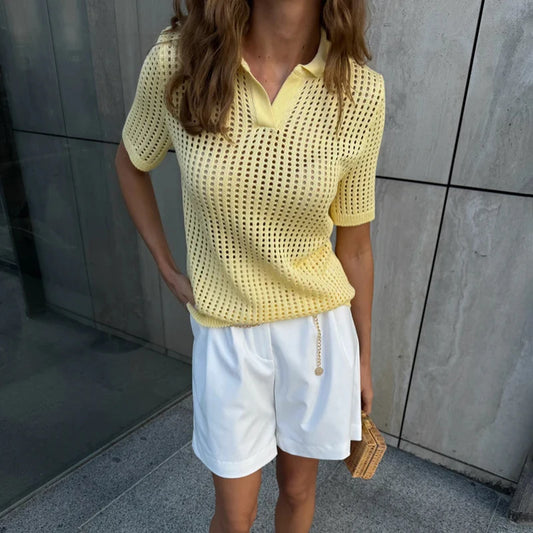 Hollow knit turn-down collar short sleeve top in yellow