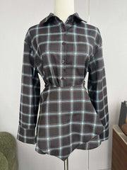 Plaid Lapel Collar Belted Shirt