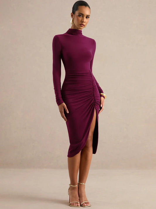 Back view of burgundy ruched slit turtleneck midi dress