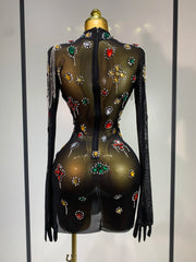 High Neck Mesh Full Sleeve Crystal Embellished Bodycon Mini Dress