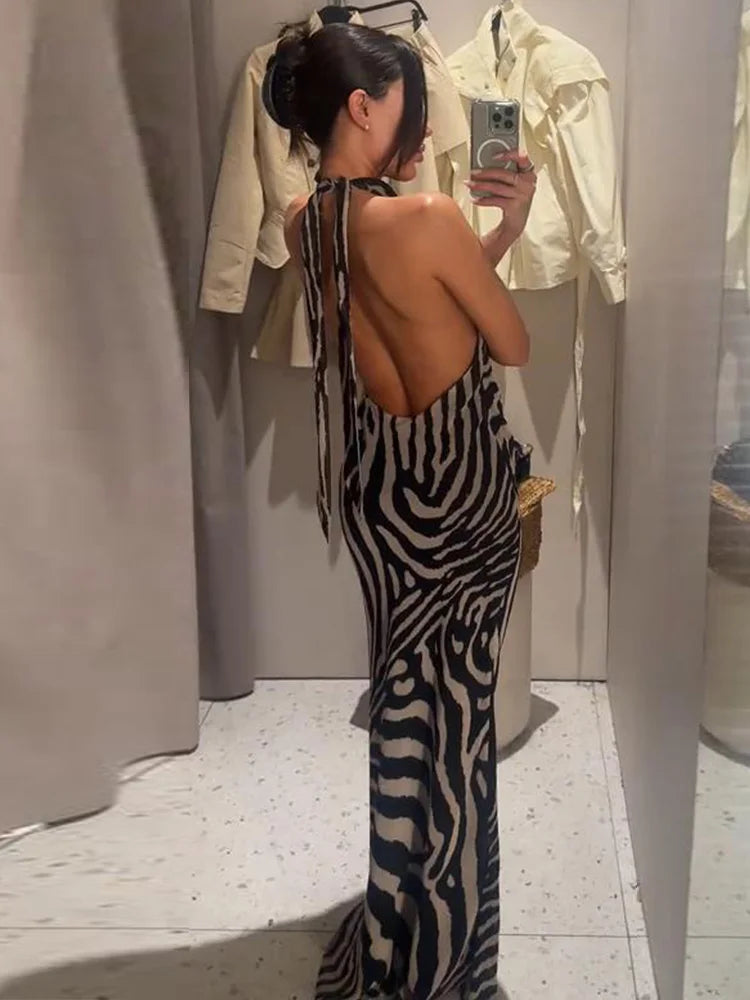 Zebra print halter maxi dress back view