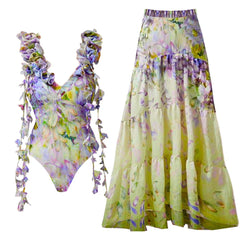 Ruffled Floral Print One-Piece Swimsuit and Maxi Skirt Set