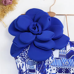 One-Shoulder Swimsuit with Oversized Flower Detail and Matching Printed Sarong Set