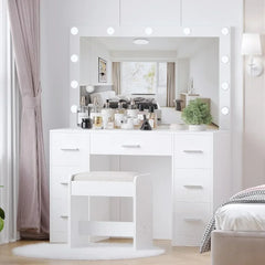 Vanity Desk with Stool, Drawers and Lighted Mirror.