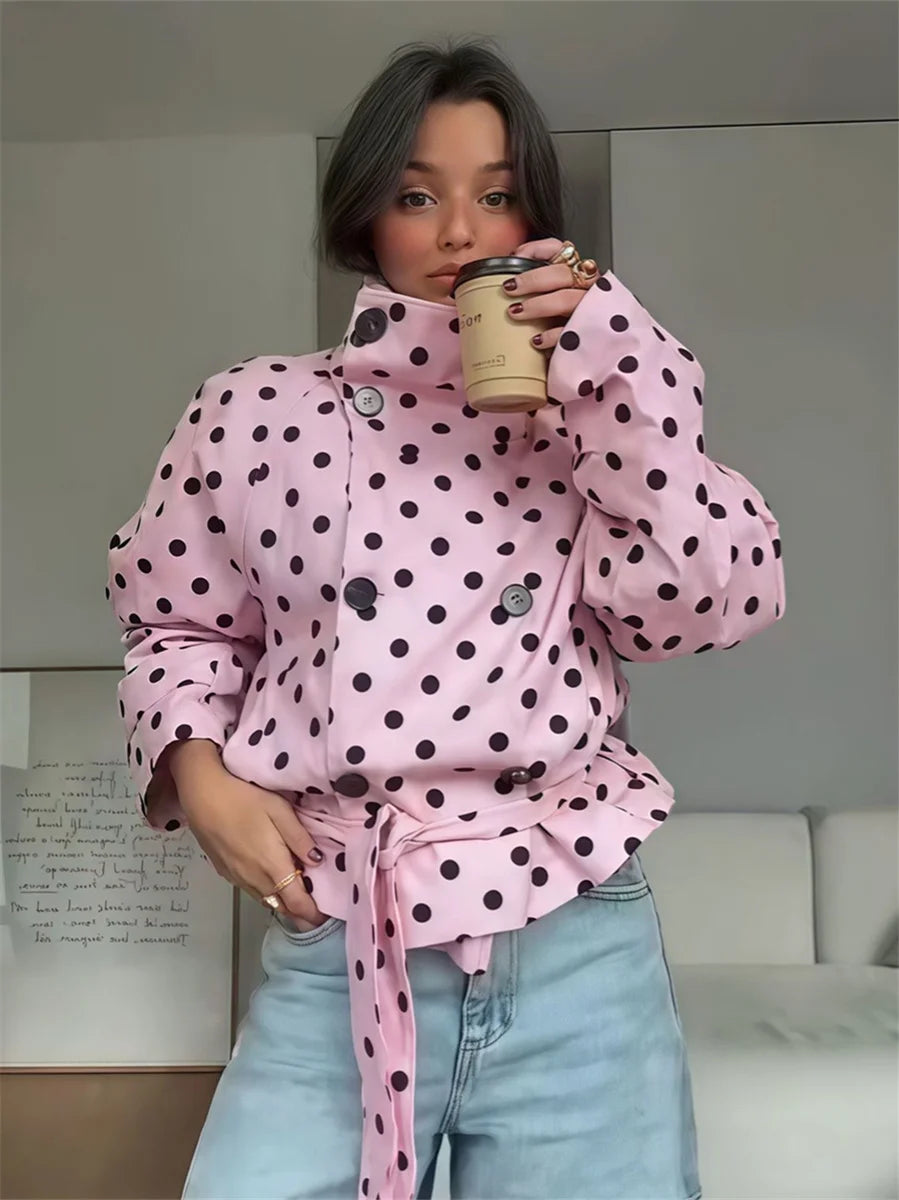 Pink polka dot double-breasted belted jacket with coffee cup