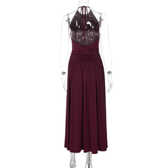 High Neck Sleeveless Ruched Waist Draped Long Dress
