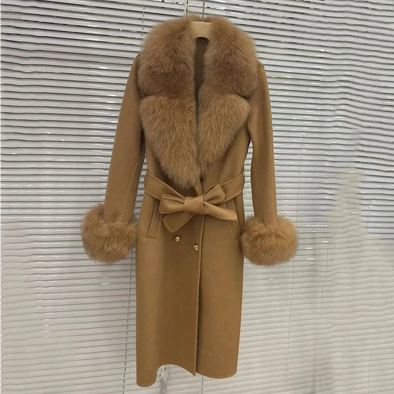 Khaki Long Coat with Big Faux Fur Collar