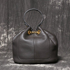 Dark grey leather drawstring bucket bag