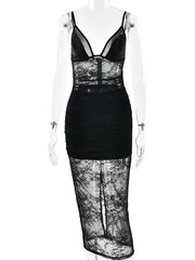 Black Sheer Lace Spaghetti Strap Maxi Dress