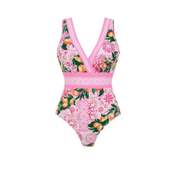 Close-up of a pink graphic print one-piece swimsuit.