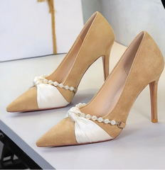 Khaki pointed toe pumps with bow and pearl detail