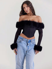 Feather Strapless Black Off-shoulder Sheer Long Sleeve Top