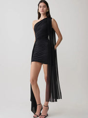 One-shoulder ruched mini dress in black