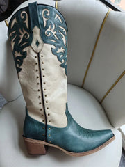 Turquoise and cream two-tone cowboy boots with stud detailing
