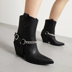 Studded Pointed Toe Block Heel Ankle Boots