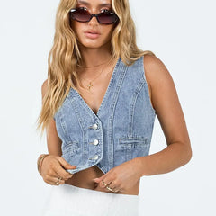 Denim Vest V Neck Solid Color Sleeveless Crop Top