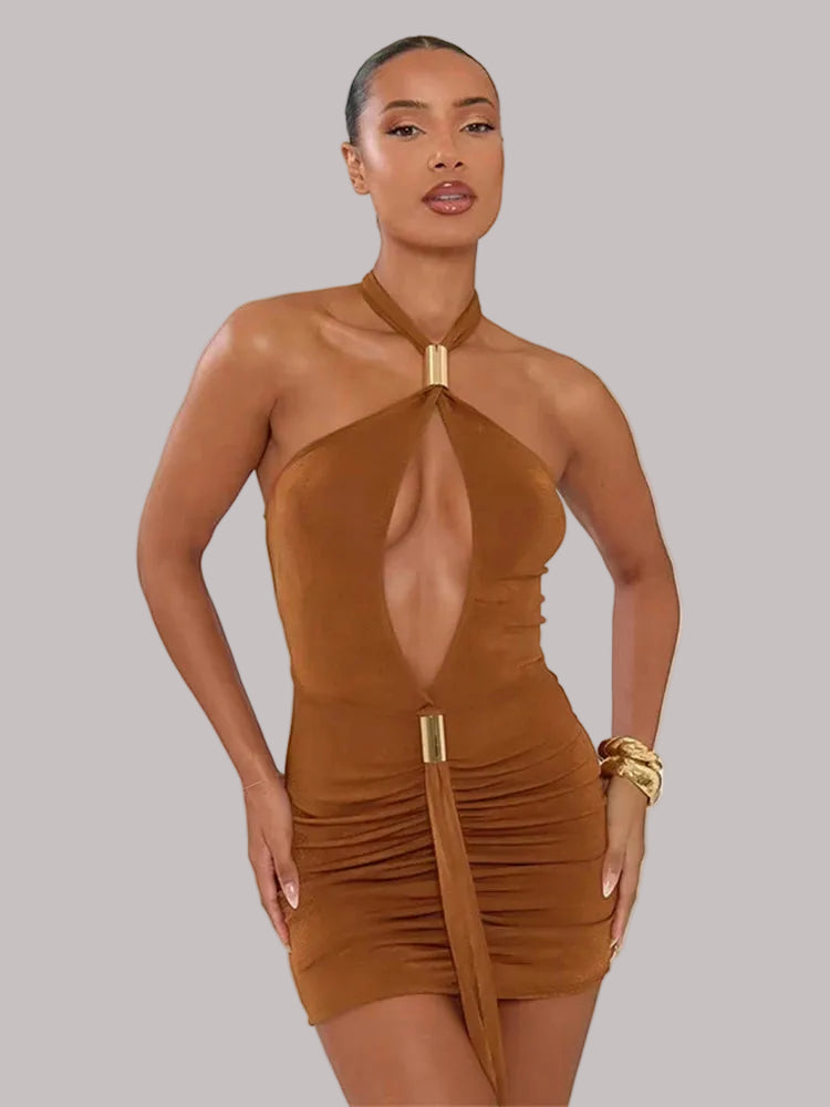 Halter neck cutout ruched brown mini dress