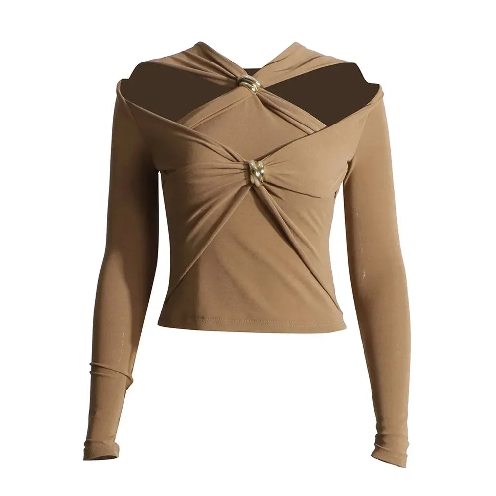 Brown long-sleeve top with a unique design 