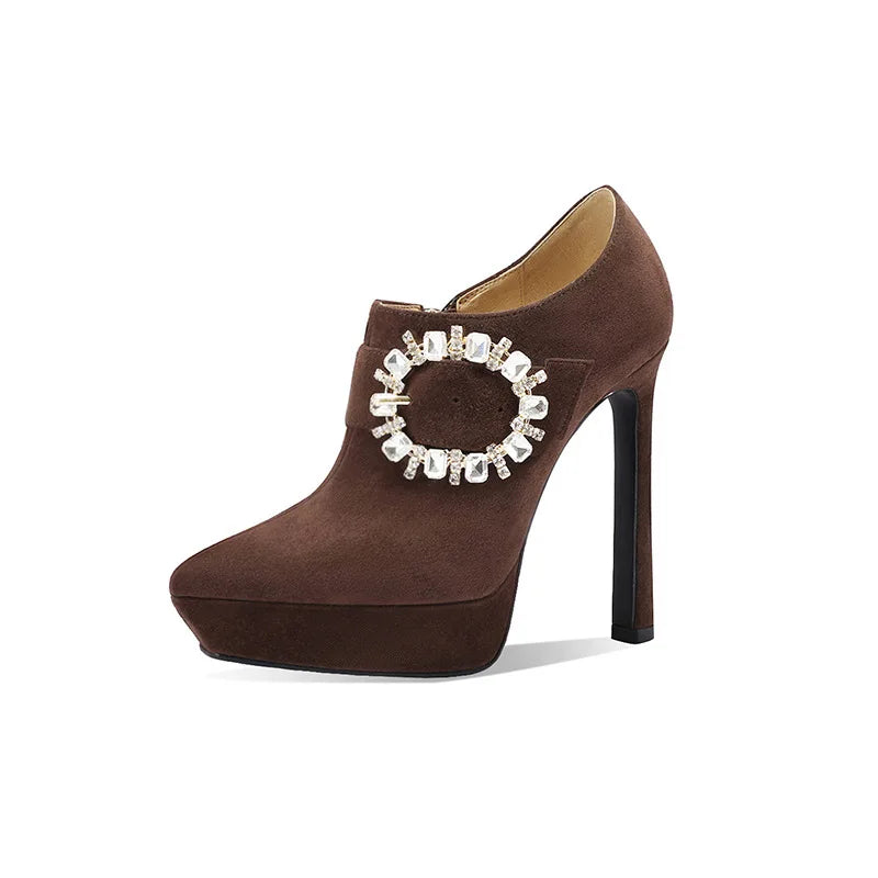 Single brown stiletto heel bootie detail
