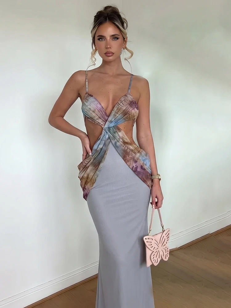 Patchwork cutout v-neck maxi dress