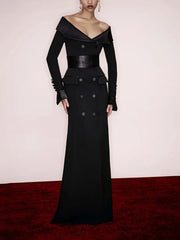 Black double-breasted maxi blazer dress with V-neckline