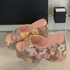 Floral Sequin Platform Wedge Sandals