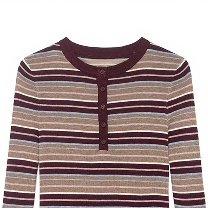 Striped long-sleeve shirt with brown and beige pattern on a white background