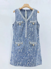 Denim Tweed V Neck Mini Dress