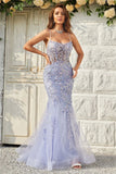 Lavender Open Back Mermaid Lace Embroidery Tulle Prom Dress