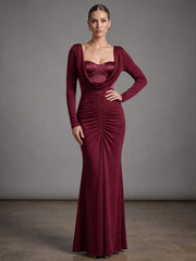 Burgundy draped collar ruched gown dress with long sleeves.