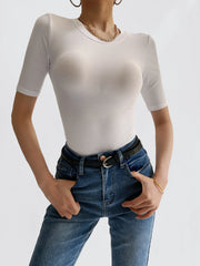 Half Sleeve O-Collar Knitting Rib Crop Tee