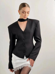 Padded Shoulder V-Neck Blazer With Scarf