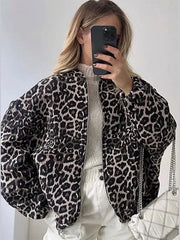 Leopard Zipper Long Sleeved Round Neck Coat