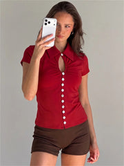 Red lapel button-up cropped top with cutout neckline
