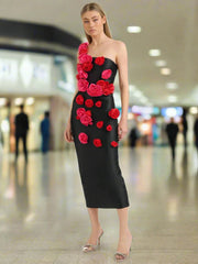 Women's Black One Shoulder 3D Flower Elegant Dress