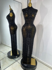 Black rhinestone mesh maxi dress