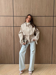 Utility Stand Collar Button Drawstring Peplum Jacket