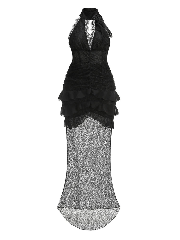 Black lace dress with a white background