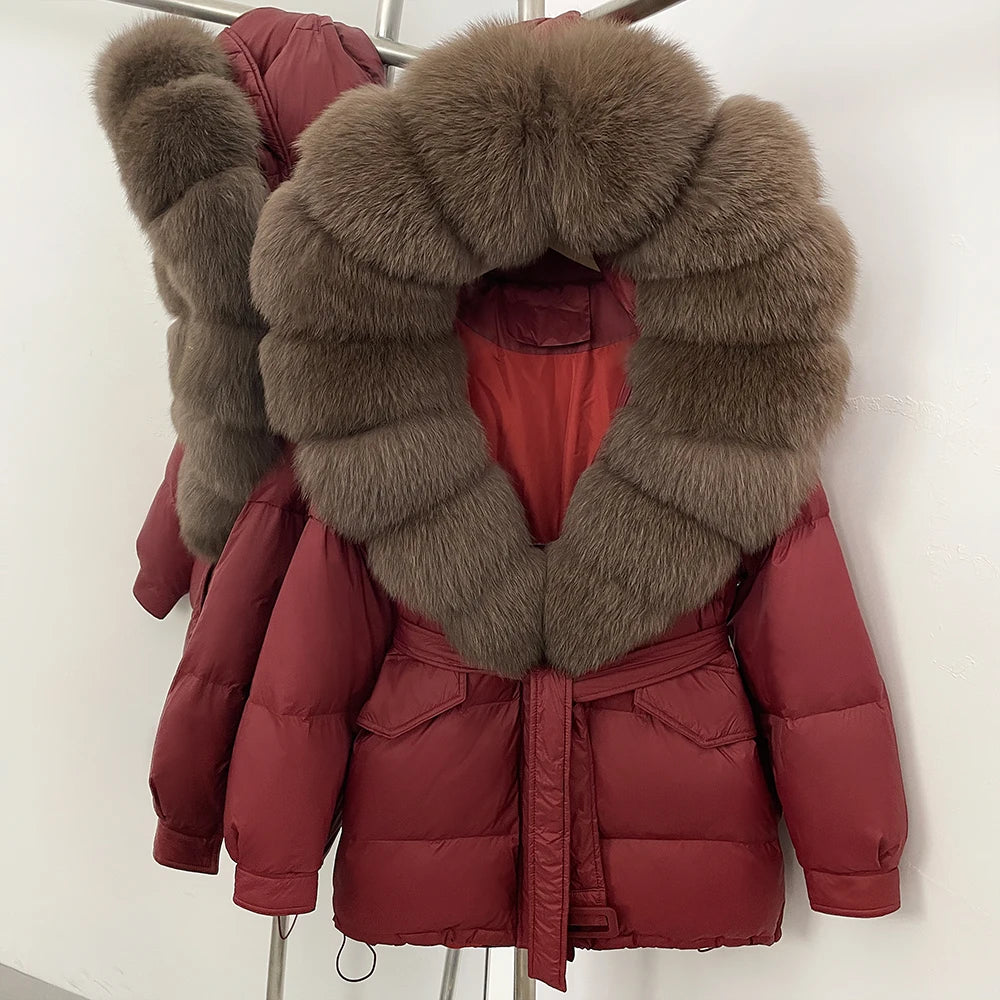 Red puffer jacket with large fur collar 
