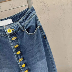 Patchwork Button Intricate Design Wide Leg Denim Pants